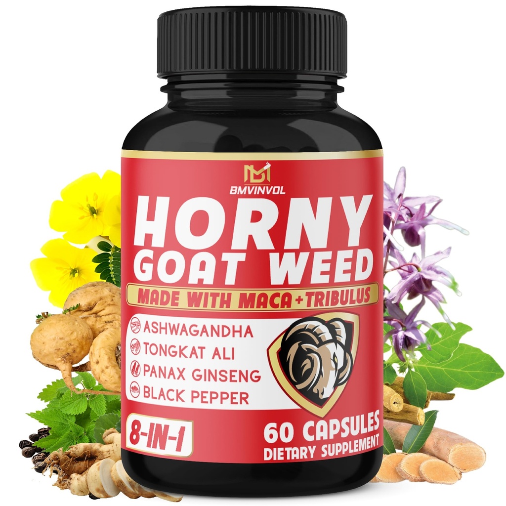 BMVINVOL Horny Goat Weed Capsules with Tribulus, Ginseng, Ashwagandha, Maca, Tongkat Ali, Nettle, Black Pepper - 60