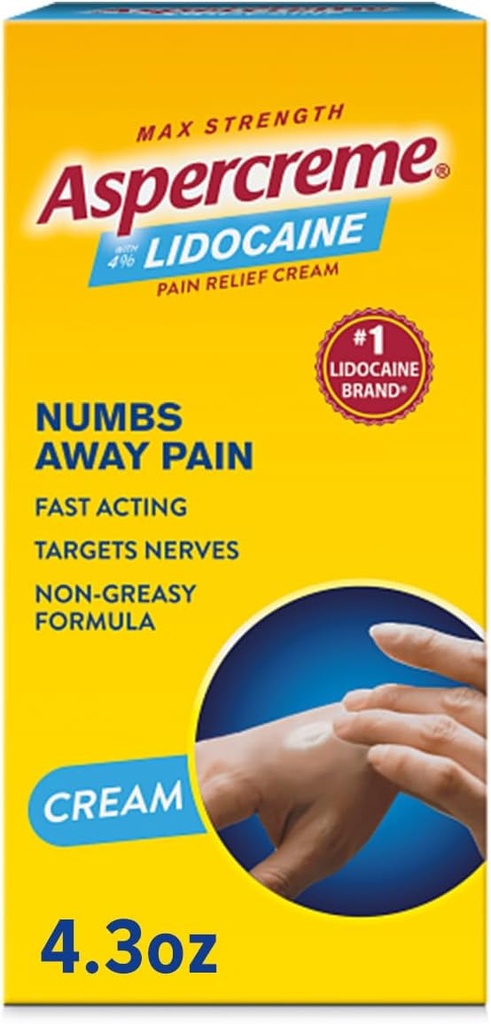 Aspercreme Lidocaine Pain Relief Cream Soothes Aggravated Nerves, Numbing Topical Analgesic med Max-Strength 4% Lidocaine & Moisturizing Aloe, 4.3 Oz.