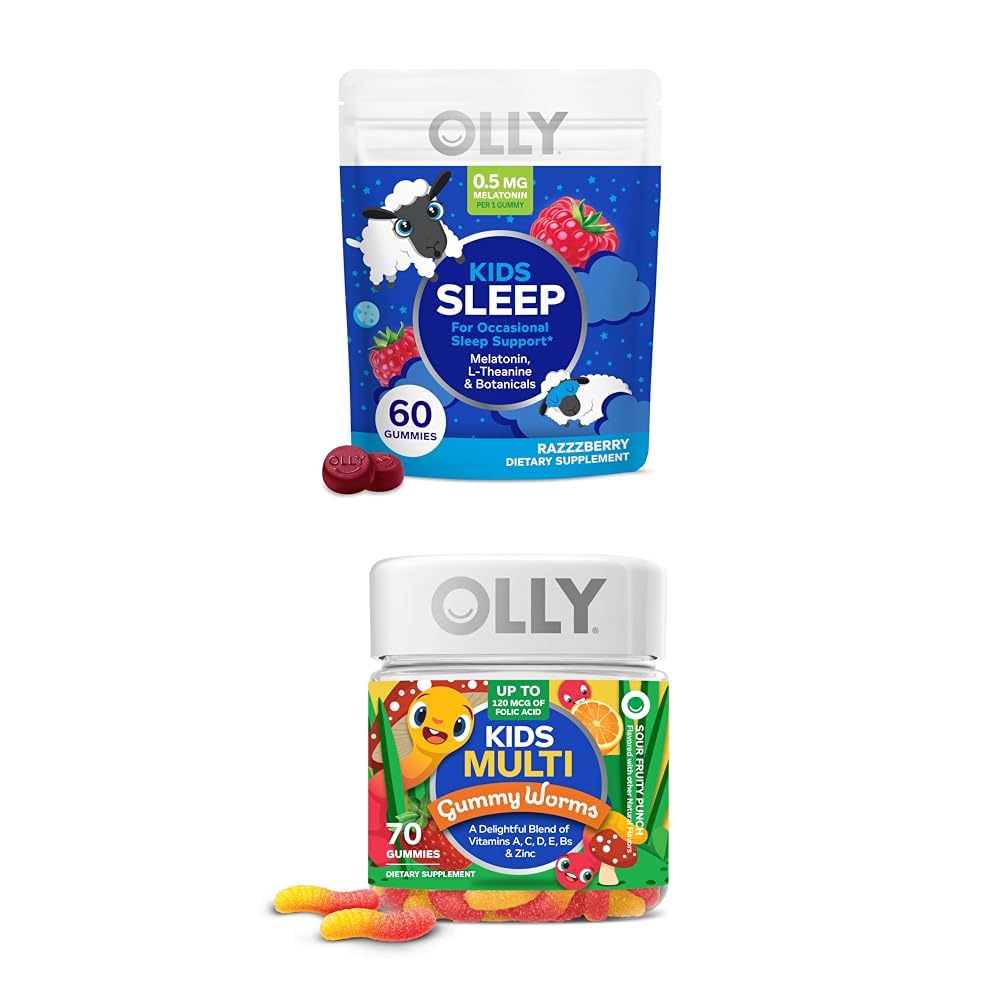 OLLY Kids Sleep Gummy, Melatonin, L Theanine, Chamomile, 60 Count och Kids Multivitamin Gummy Worms, Vitaminer A C D E Bs Zink, 70 Count