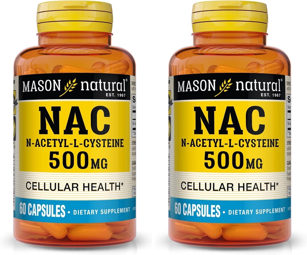 MASON NATURAL NAC N- Acetyl L-Cysteine 500 mg - tukee Cellular Health, Immunomy System Booster, General Wellness, 60 kapselia (paketti 2)