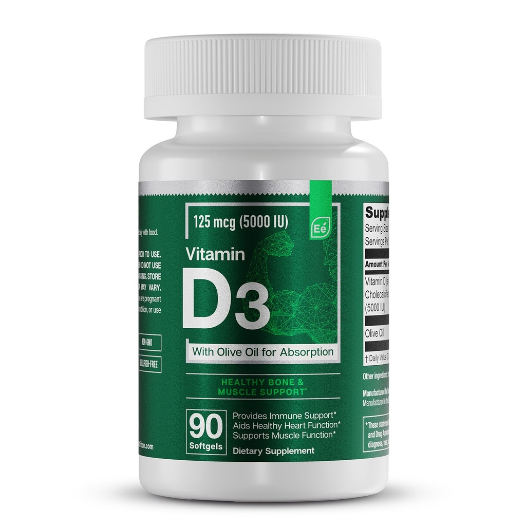 Olennaiset D3-vitamiinit 5000 IU Softgels-oliiviöljyllä luu-, lihas- ja immuunituella