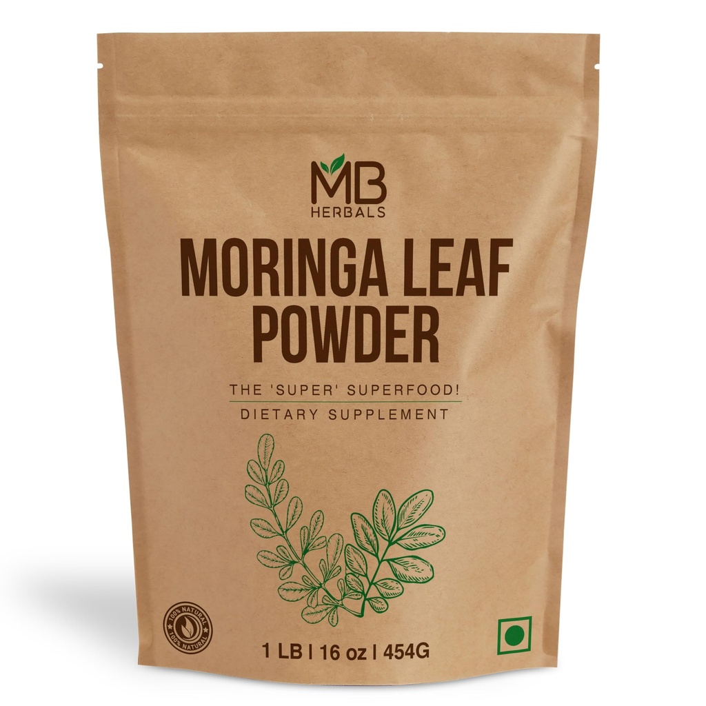 MB Herbals Moringa Leaf Powder 1 lb / 16 oz (454 Gram) | 100% Pure Moringa Powder | Lätt blandningar i drycker och smoothies | Inga konserveringsmedel