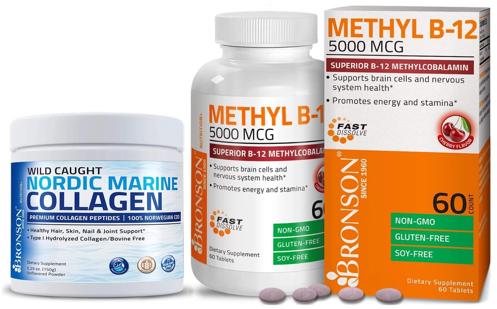 Bronson Marine Collagen Peptides Hydrolysed Protein Powder + Metyyli B12 5000 mikrog B12 metyylikobalamiini