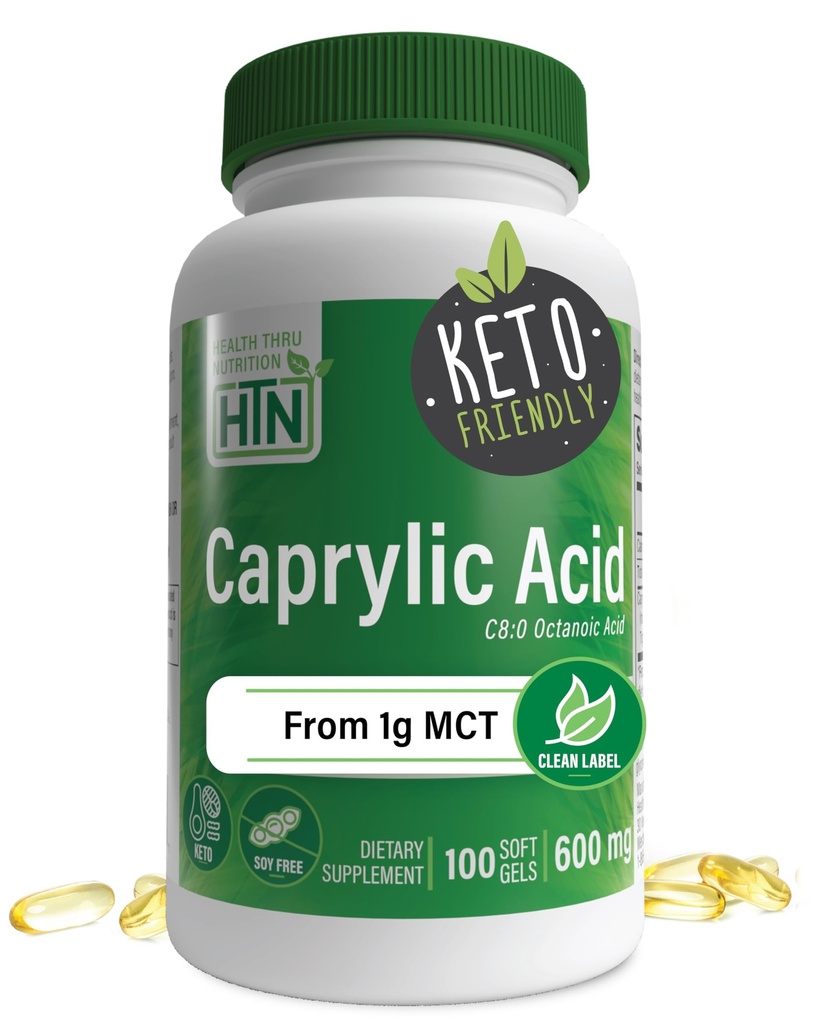 Health Thru Nutrition Caprylic Acid 600mg 100 Softgels C8 Octane Acid from Pure 1g MCT Oil 