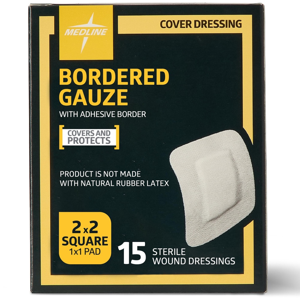 Medline Bordered Guze, 2" x 2" Adhesive Island Haavoittuminen, Steriili, 15