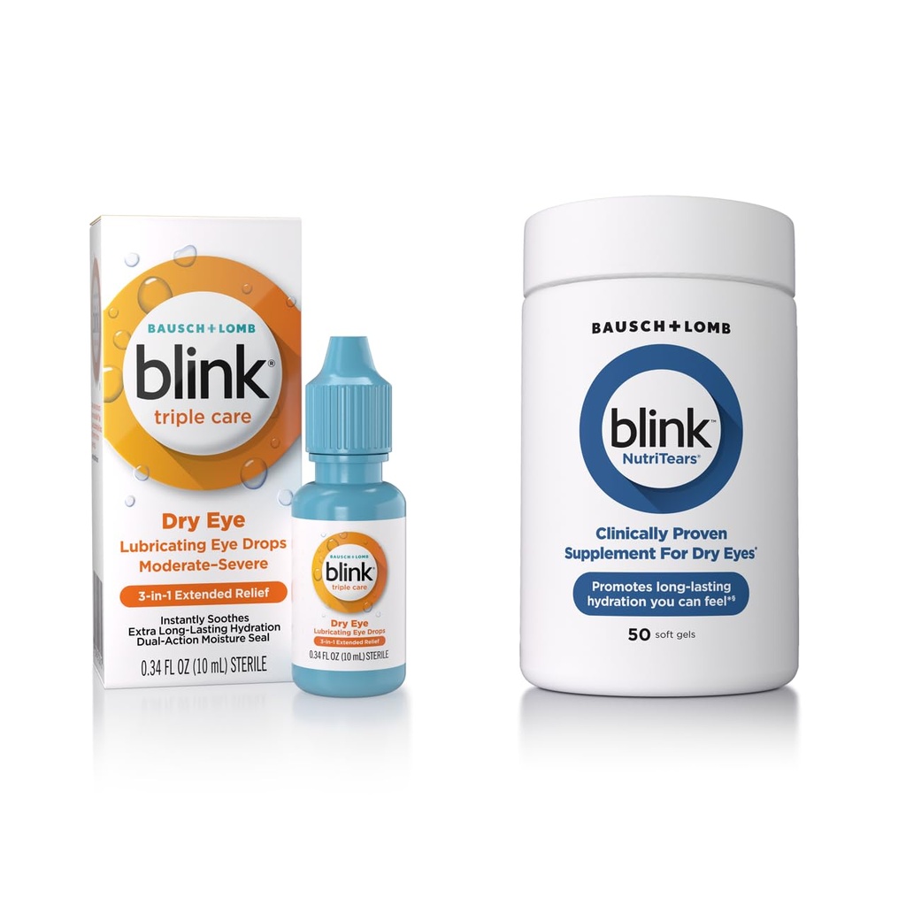 Blink Eye Drops för torra ögon, Triple Care Lubricant Eye Drops, Instantly Soothing, Moisturizing + Blink NutriTears Clinically Proven Supplement för torra ögon, 50 Softgels