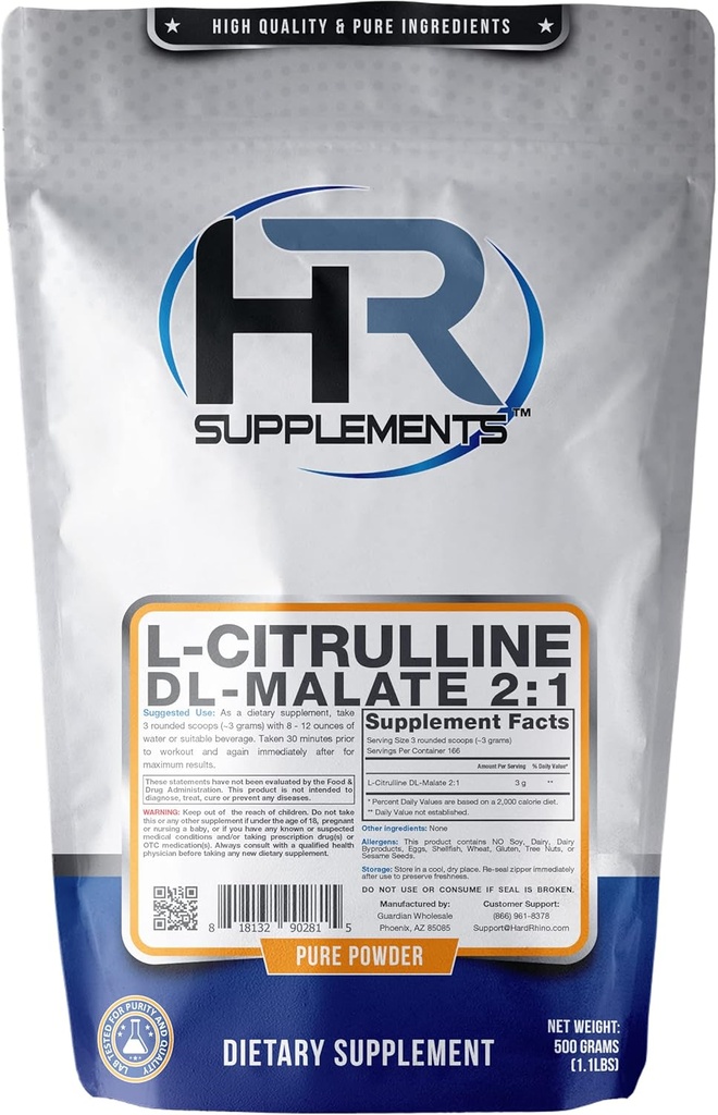 HR-lisäaineet L-Citrulliini DL-malaatti 2:1 Jauhe, 500 grammaa (1,1 lbs), Makuton, Lab-testi, Scoop Sisältää