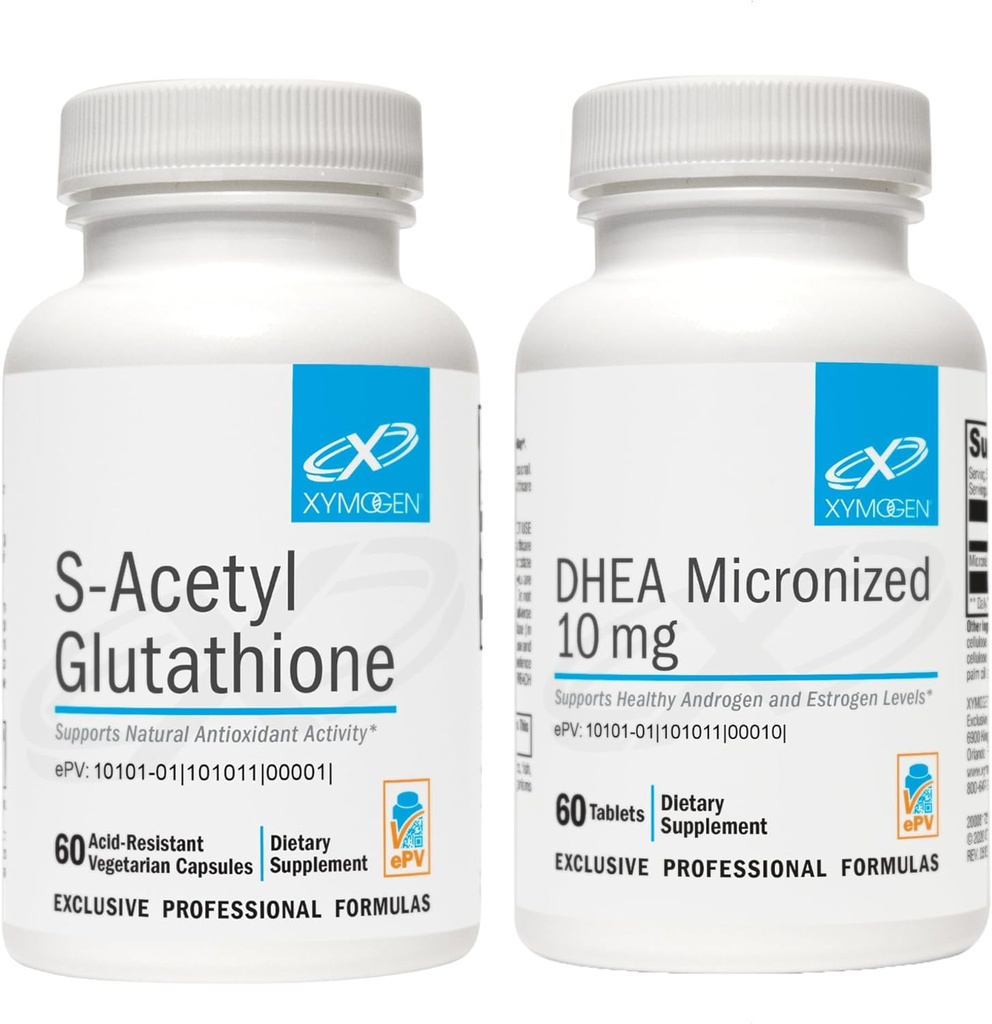 XYMOGEN DHEA 10mg (60 tabletter) + S Acetyl Glutathione (60 kapslar) 2-Piece Bundle - Micronized DHEA + Superior Absorption Acetylated Glutathione Supplement för att stödja hälsosam åldrande