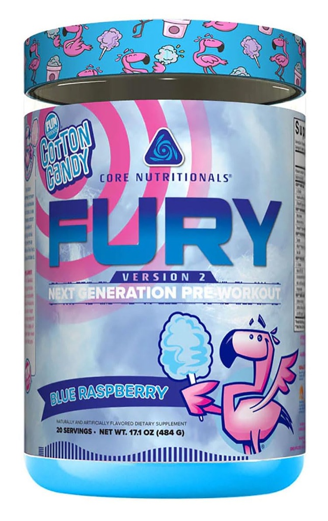 Core Nutritionals Fury V2: Pre-Workout Powder för att maximera prestanda i Gym W/Zum-XR® koffein, L-CItruline och Alpha GPC (40 skopor) (Fun SweetsTM Blue Raspberry)