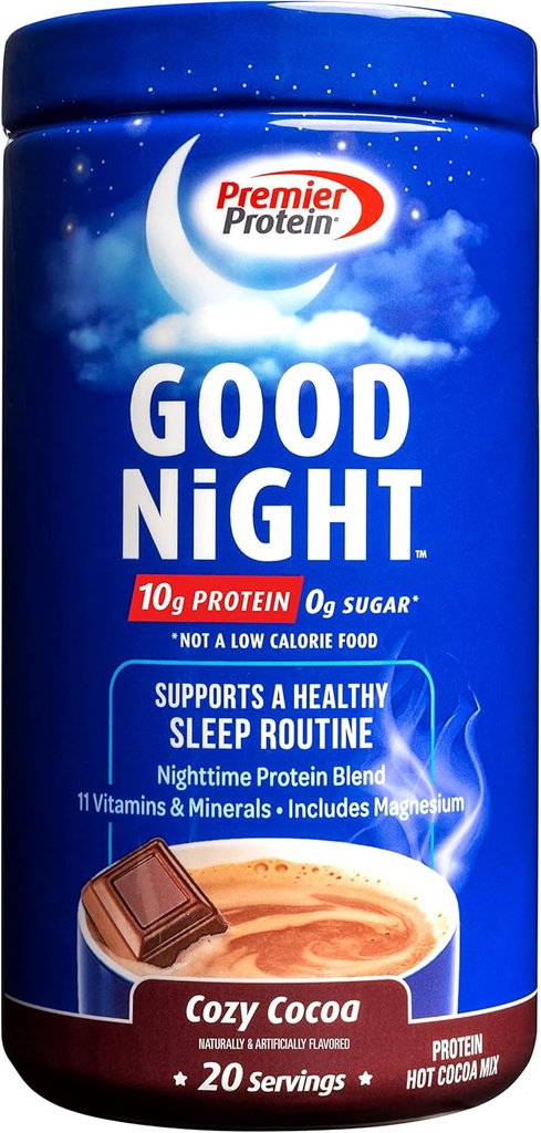Premier Protein Good Night Protein Powder, Hot Cocoa Mix, 10g Protein, 0g Sugar, 11 Vitaminer & Minerals, Nighttime Protein Blend, Magnesium, Zink, 20 Servera, 1 Tub