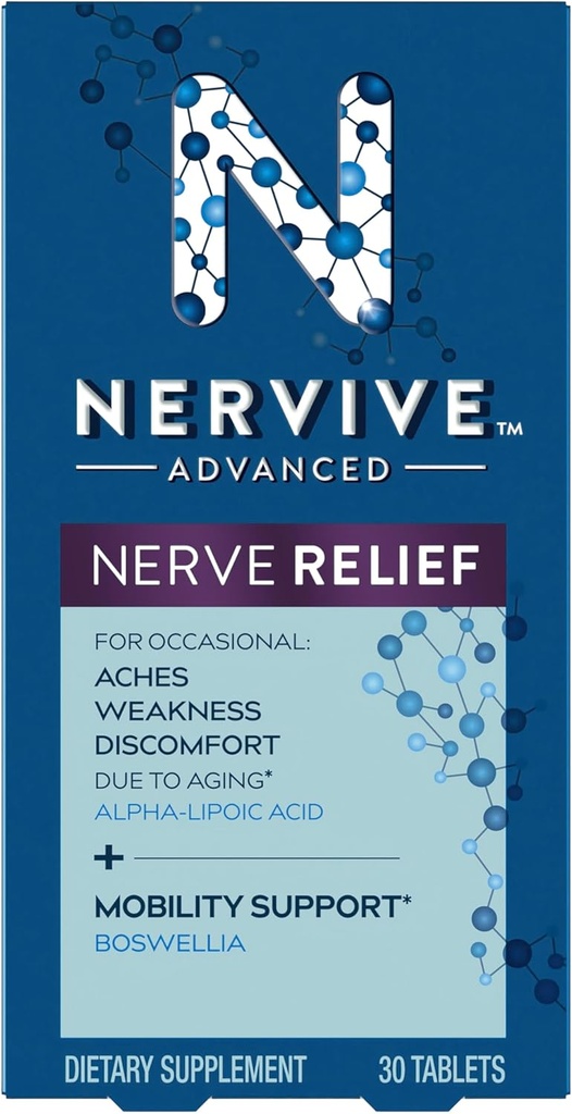 Nervive Advanced Nerve Relief + Mobility, med Alpha Lipoic Acid för att hjälpa till att minska nervvärk, svaghet och obehag * och Boswellia för att främja rörlighet *, vitamin B12, B6, B1, 30 tabletter
