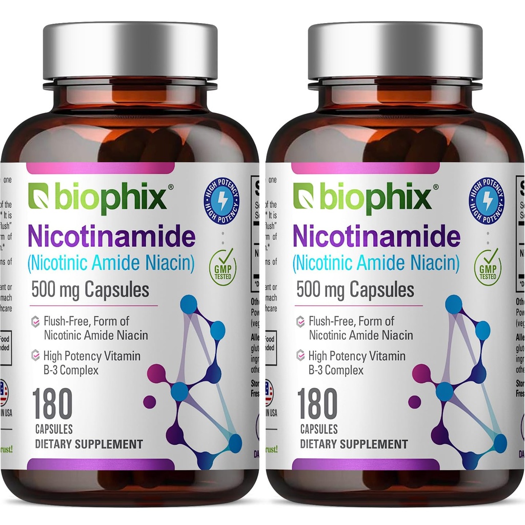 Biophix B-3 Nikotinamidi 500 mg 180 Caps 2 Pakkaus - Nikotinic Amide Niacin Natural Flush-free-vitamiini Formula - tukee ihosolujen terveys