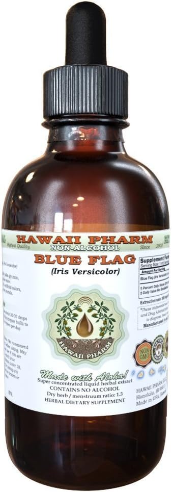 Sininen lippu alkoholiton nesteuute, Luomu sininen lippu (Iris versicolor) Kuivattu juuri Glycerite Havaiji Pharm luonnon kasviperäisten täydentää 2 oz