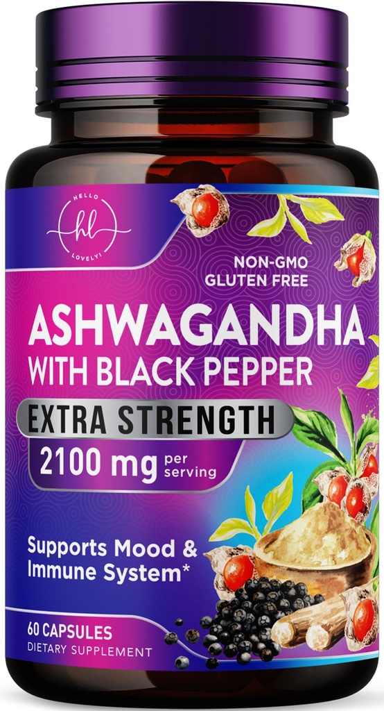 Ashwagandha 2,100 mg - Ashwagandha-lisät naisille kasviskapseleissa, joissa on jauhe- ja juuriuutetta, mustapippuria korkeaa imeytymistä varten, kasvispohjaisia, ei-muuntogeenisiä organismeja, pullotettuja Yhdysvalloissa - 60 kasviskapselia
