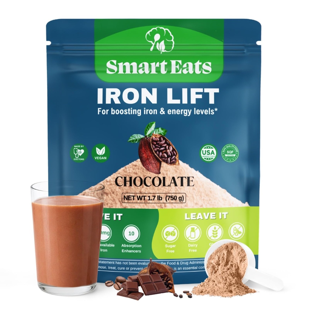 Smart Eats - Järnpulver | Högt absorberad | Undviker biverkningar | Fullständig näring: protein, vitaminer, fiber, antioxidanter | Gör smakfulla drycker & skakar | Vegan | Choklad smak | 30 skopor