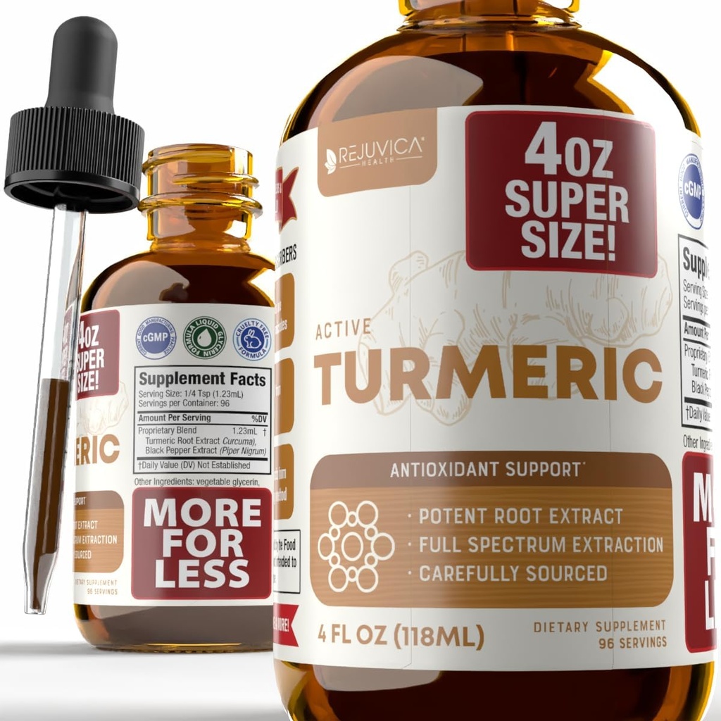 Rejuvica Health Active Turmeric 4oz XL Super Size - Advanced Liquid Supplement Tincture - Curcuma Longa Extract Drops - Kurkuma Juuret Vain - Luonnollisesti toistuva Kurkuma