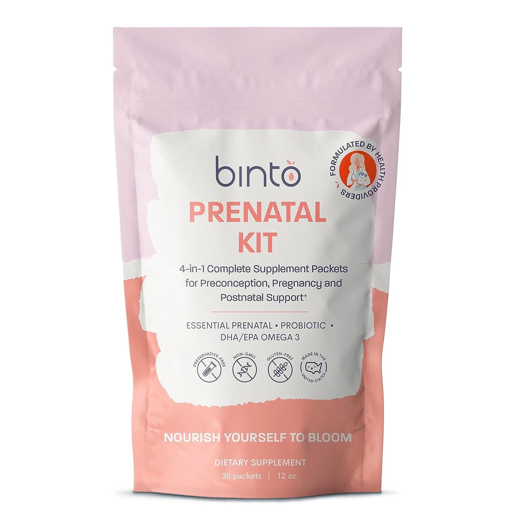 Binto Prenatal Kit - 4-i-1 Supplements for Healthy Mom & Baby - 30 Day Supply - Multivitamin, Probiotika, Järn, DHA, Methylated Folate & Folic Acid - Non-GMO, Gluten-Free, Vegetarian