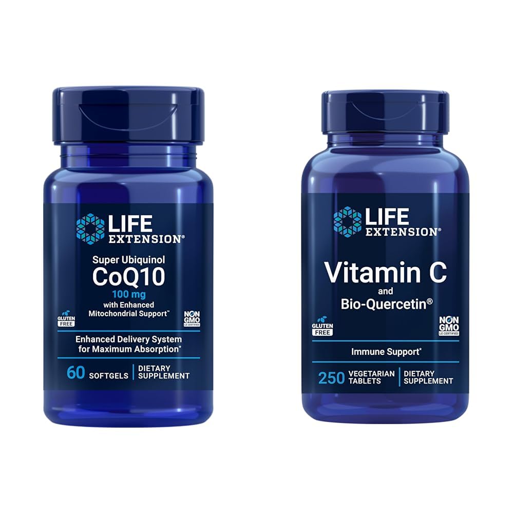 Life Extension Super Ubiquinol CoQ10 60 Softgels ja C-vitamiini & Bio-Quercetin Phytosome 250 tablettia Bundle sydän-, solu-energia-, immuuni- ja yleisterveystuki