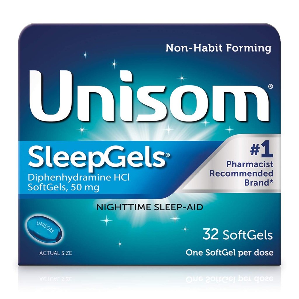 Unisom SleepGels, Night-time uniapu, Difenhydramiini HCI 50 mg, 32 SoftGels