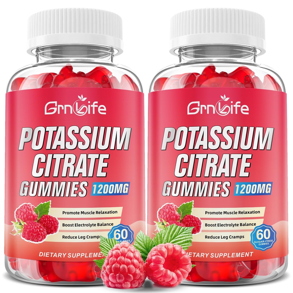 2 Pack Kalium Citrate Gummies, Korkea Kalium Supplement Gummies 1200mg Tuki Jalkakramps & lihasten terveys, Kalium Gummies aikuisille ja lapsille, Vegaani, Vadelma maku 120