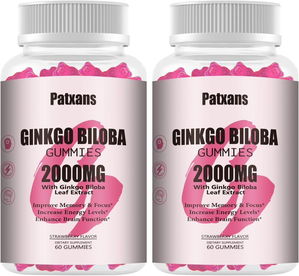 2 pakkausta 2000mg Ginkgo Biloba Gummies - Ginkgo Biloba täydentää aivojen terveystuki, parantaa mielialaa ja keskittyä, energia, aikuisten, mansikka maku, 120 kreivi