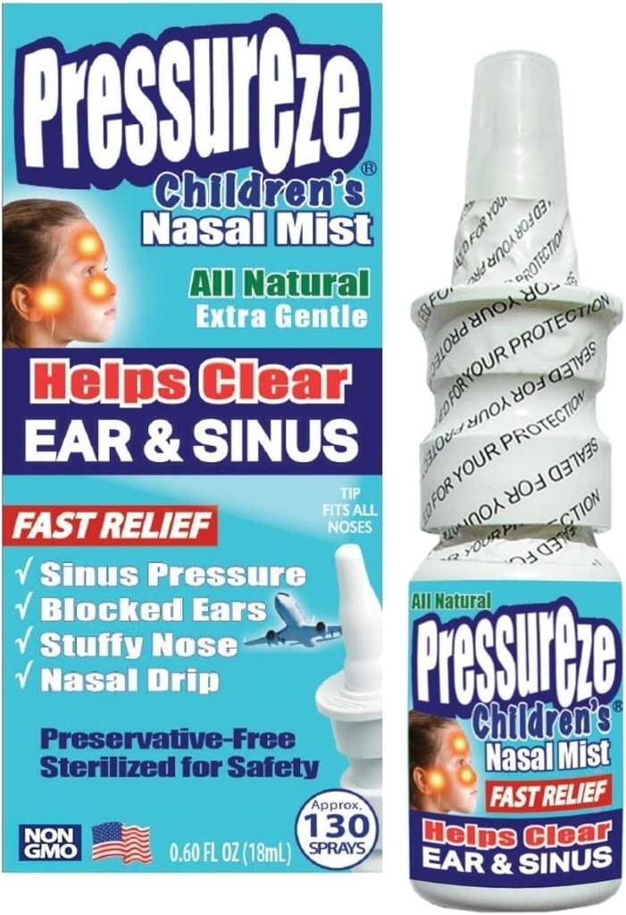 Tryck på all naturlig konserveringsfri steril nasalspray för barn - snabb lindring Nasal Spray - för Sinus Allergier & trängsel | 130 Sprayer, 18 ml