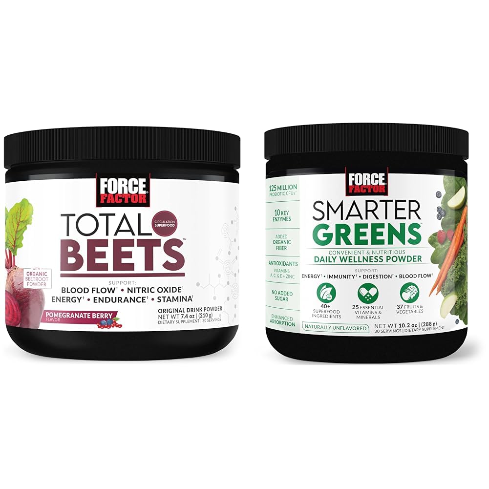 Force Factor Yhteensä Beets Drink Mix Superfood Powder with nitrates tukemaan verenkiertoa, Blood Flow & Smarter Greens Daily Wellness Powder tukea energiaa, immuniteetti & digestion