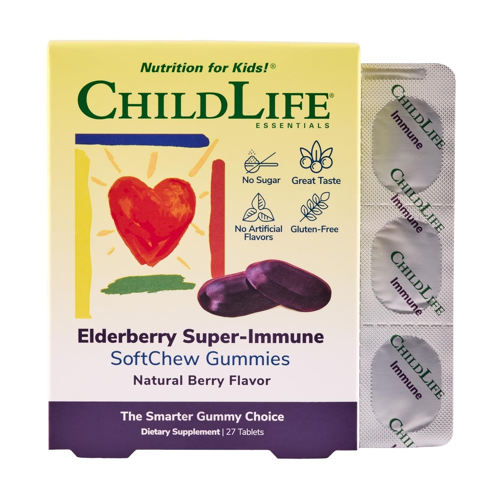 CHILDLIFE ESSENTIALS Elderberry Super-Immune SoftChew Gummies för barn - Immun Support med vitamin C & Vitamin D3, Elderberry Immune Supplement för barn, småbarn och barn - Berry, 27 Softchews