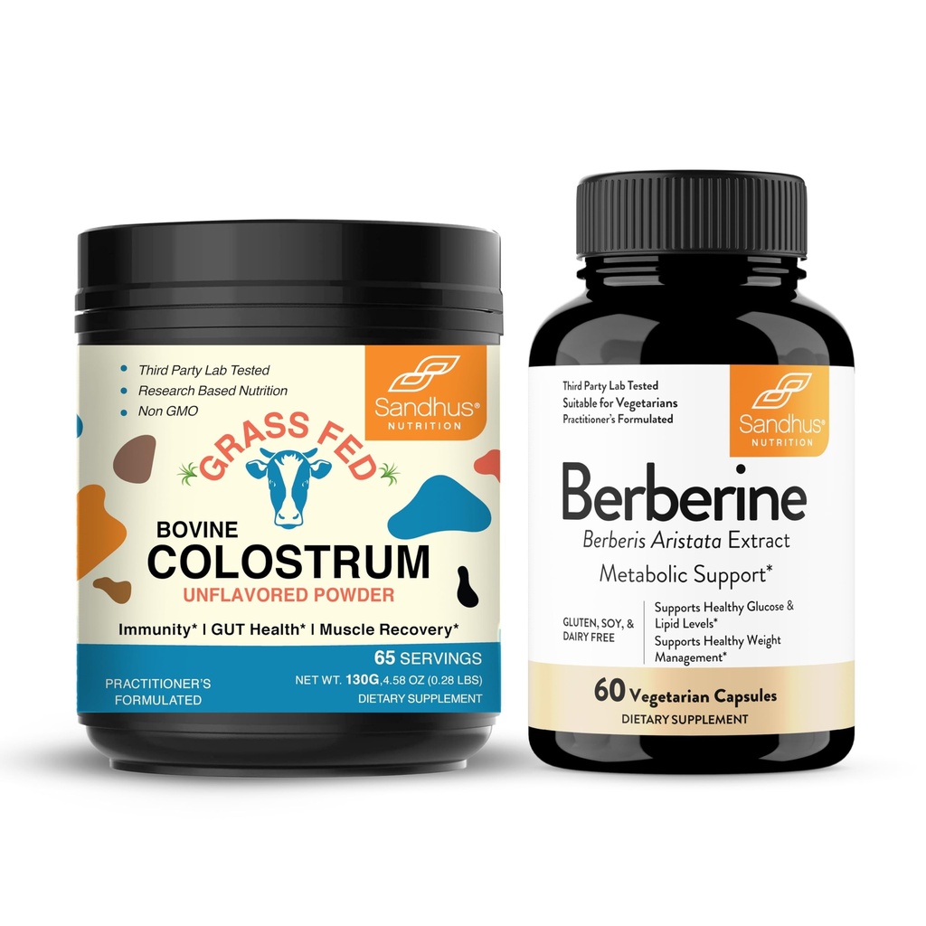 Sandhu's Pure Naudan Colostrum Powder Supplement for Humans & Berberine HCL Supplement 500 mg per kapseli.
