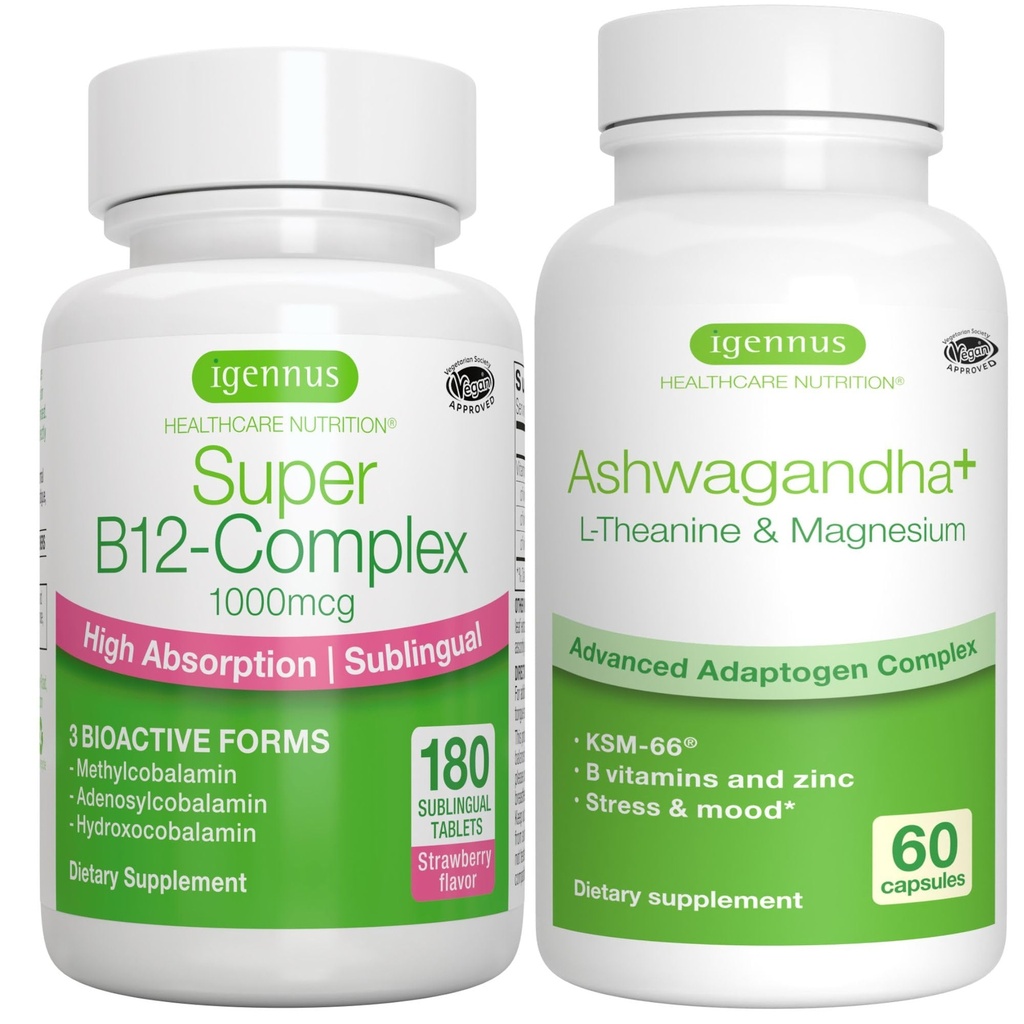 Super B12-Complex 1000mcg + Advanced Ashwagandha KSM-66, L-Theanine & Magnesium Bundle, High Absorption Sublingual Vitamin B12 + Multi Action Adaptogen Complex, av Igennus