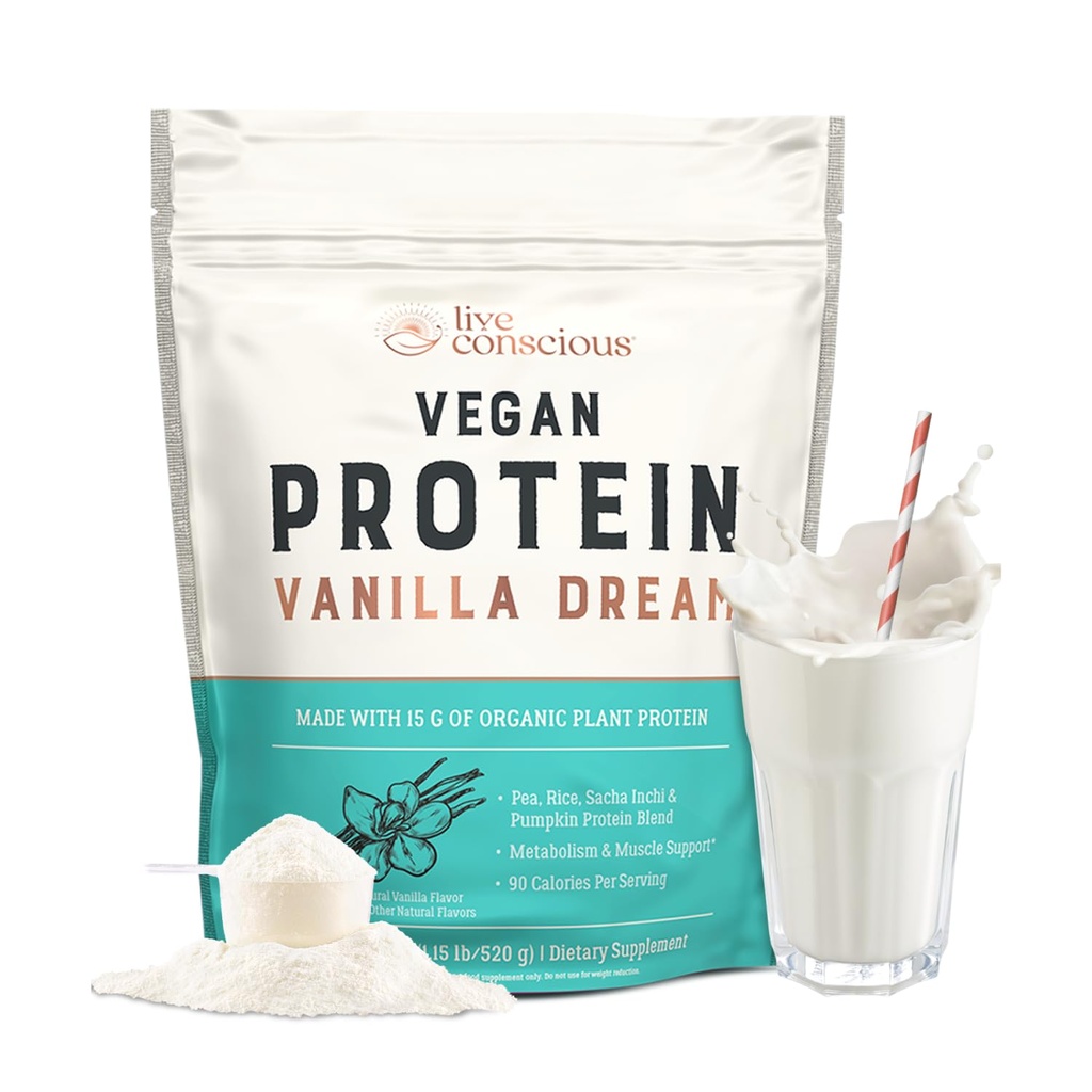 Live Tietoinen Vegaaniherne Protein Powder - Vanilla Dream Flavor ... Kasvivaahtoinen Vegaaniproteiini Blend - Herne, Ruskea riisi, Kurpitsa, Sacha Inchi 20 Tarjoilua 18 oz