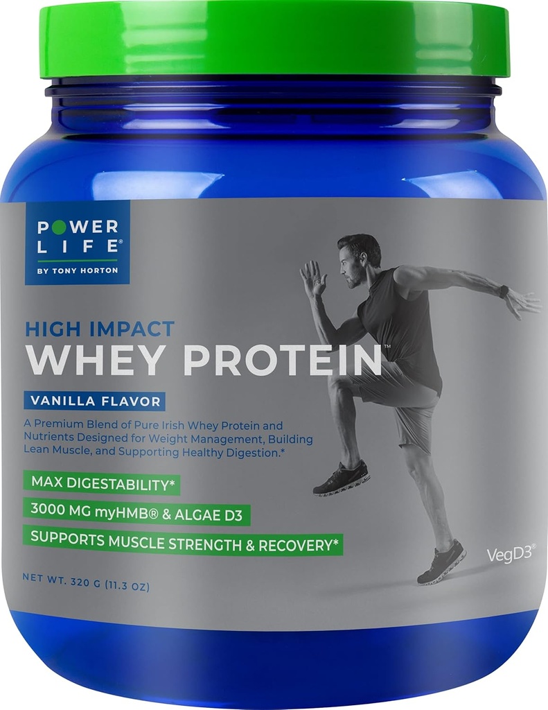 POWERLIFE Tony Horton High Impact Grass Fed Whey Protein kanssa 3000 MG HMB, ei sokeria lisätty, ei-GMO, Hormoni ja antibiootti ilmaiseksi, 15 tarjoiluja (Vanilla)