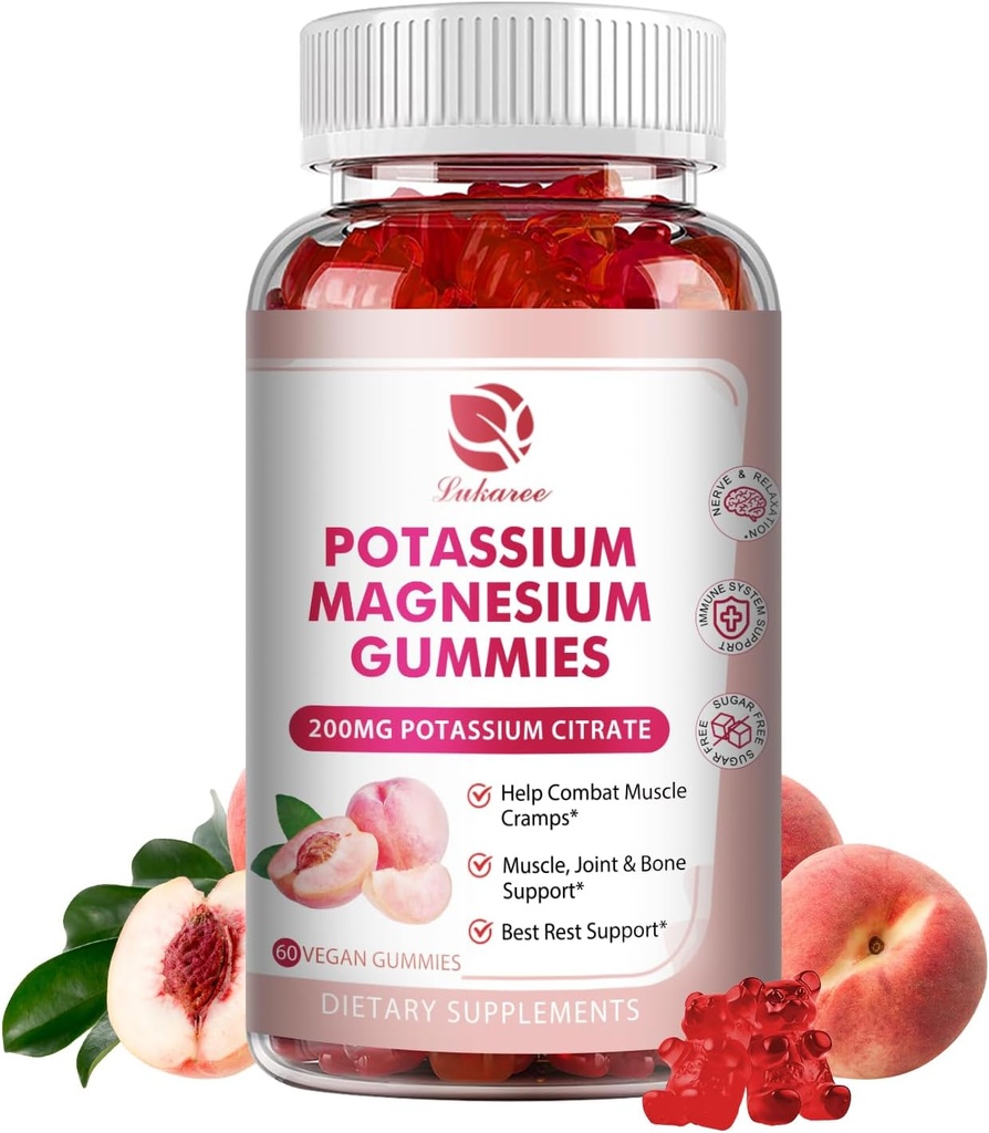 Kalium Magnesium Gummies - High Absorption Magnesium Glycinate & Potassium Citrate 200mg Plus Omega 3, B6, D3, K2 & Calcium - Chewable Gummy för immunitet och energi - Peach Flavor - 60 Count