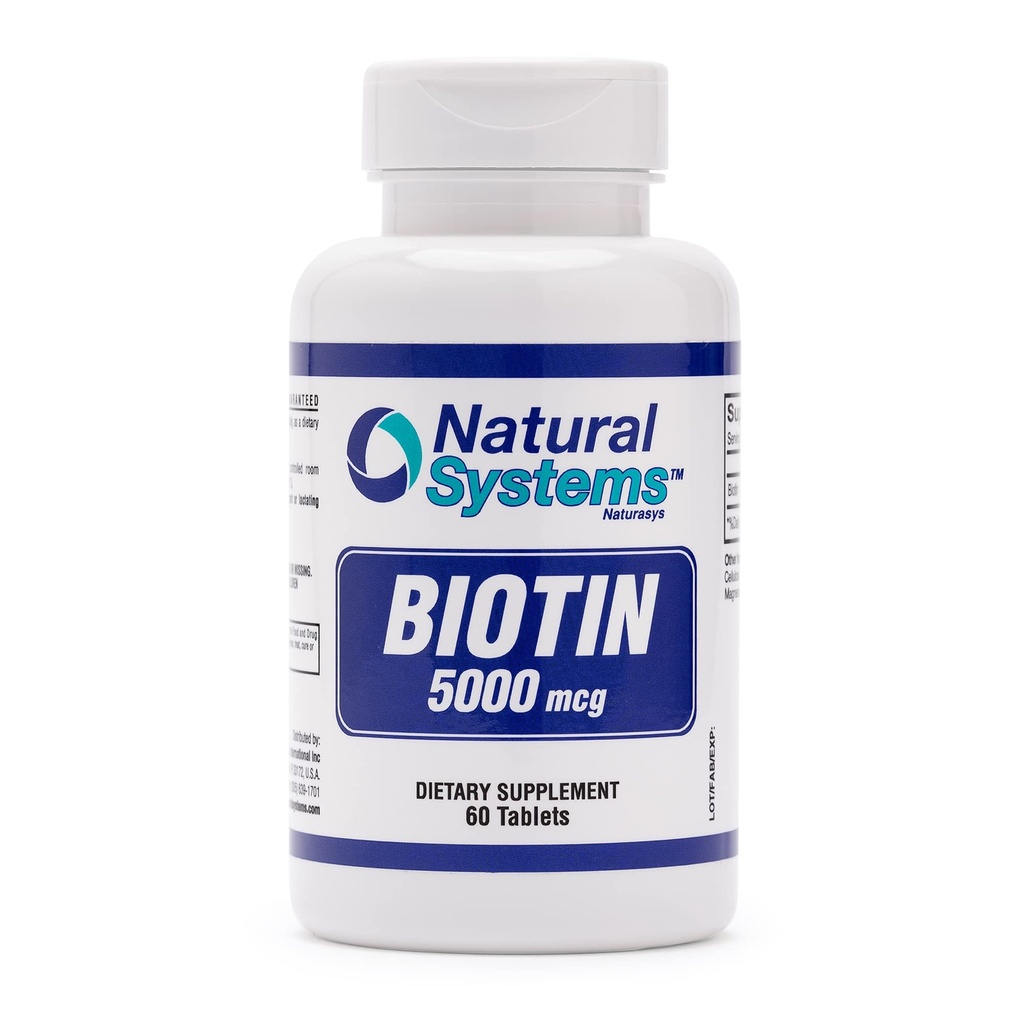 Biotin 60 tabletter 5000 mcg av naturliga system | Biotin Hair Growth Support Pills | Hair Skin Nails Vitaminer för män och kvinnor | Biotin Supplement förbättrar celltillväxt
