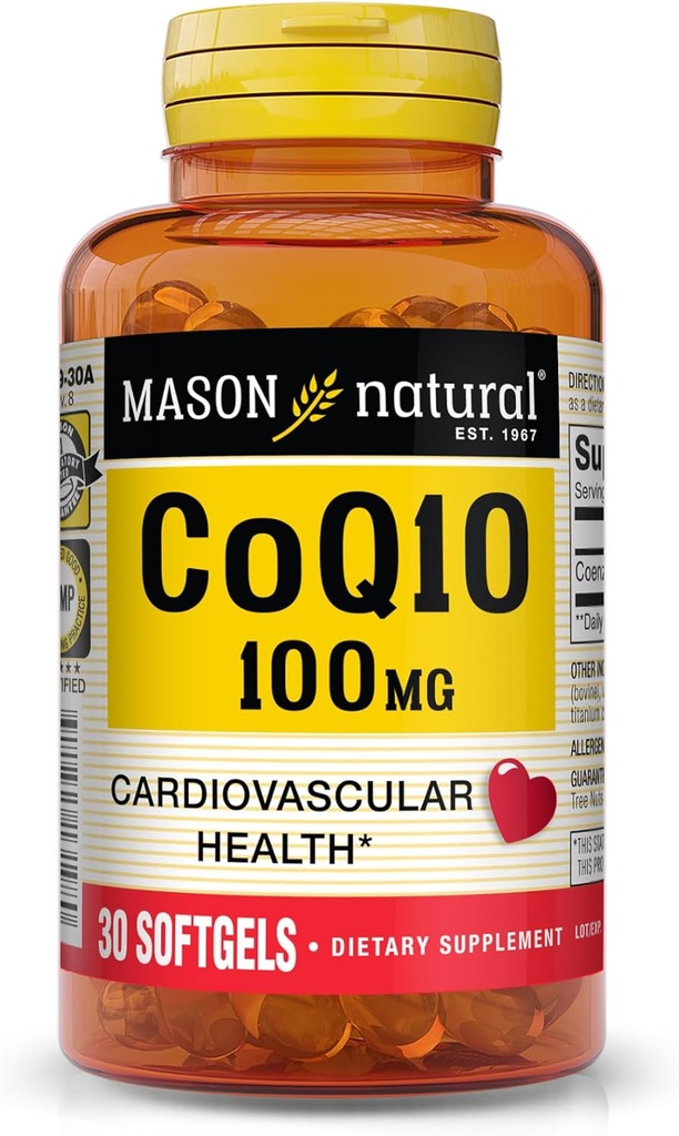 MASON NATURAL Co Q10 100 mg - Terve sydän- ja soluenergian tuotanto, tukee sydän- ja verisuoniterveys, 30 Softgels