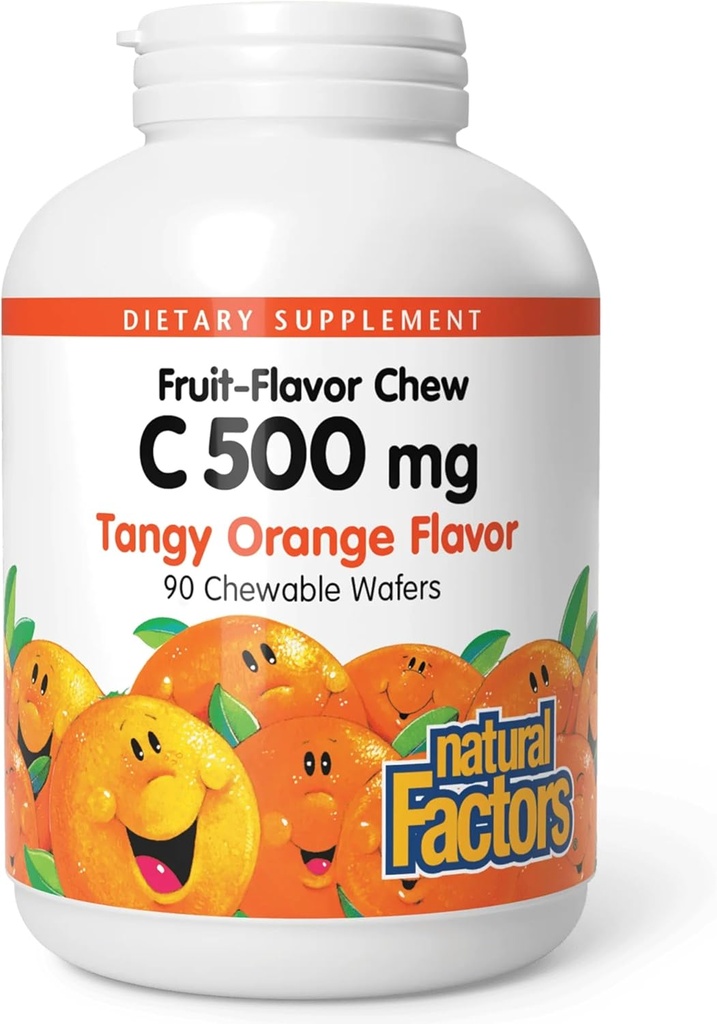 Naturliga faktorer, vitamin C 500 mg, barn som kan stödja hälsosamma ben och tänder, Tangy Orange, Vegan, Non-GMO, 90 wafers (90 portioner)