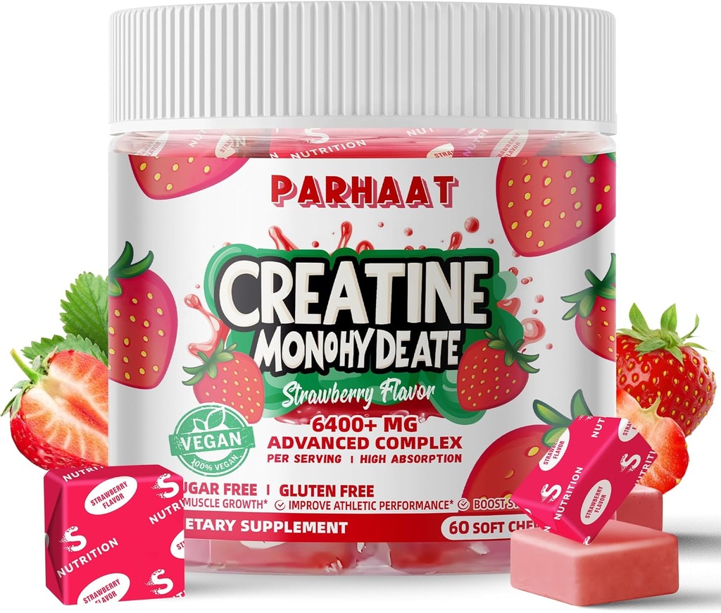 Creatiini Monohydraatti Purukumi Complex 6400 mg miehille ja naisille - Advanced Formula W/L-Tauriinia + B12-vitamiinia, sokeriton purutabletti,60 mansikkapehmitteet