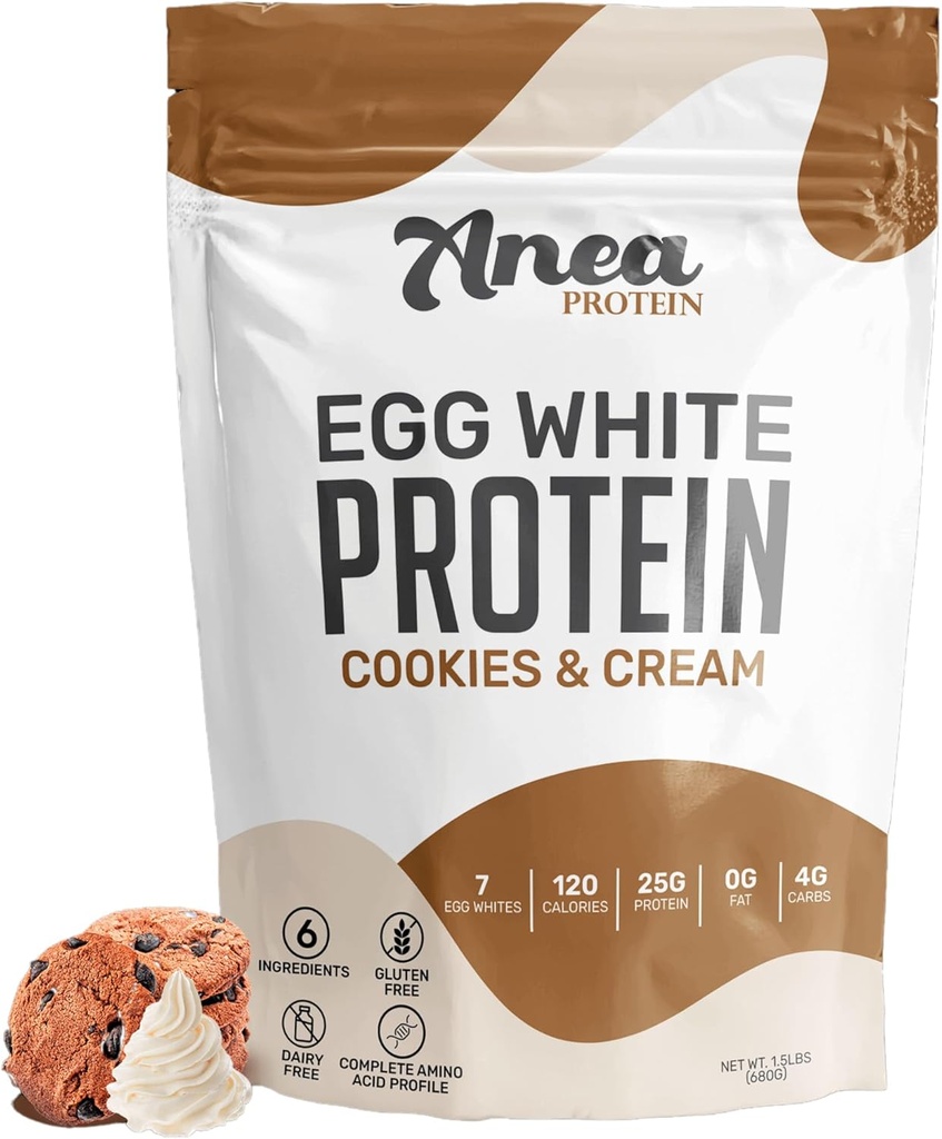 Anea Egg White Protein Powder | 25g Protein | Dairy Free | Glutenfri | Fettfri | Aminosyror | Högt biologiskt värde (1,5 pund (Pack av 1) (1,5 pund (Pack av 1), Cookies & Cream)