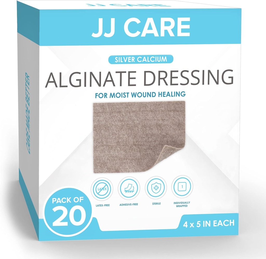 JJ CARE Hopea kalsium Alginaatti Haava pukeutuminen (Pack of 20) 4x5, Silver Alginate Haava pukeutuminen yksittäispakattu, erittäin Absorbentti ei-adrent Bandges for Haavanhoito