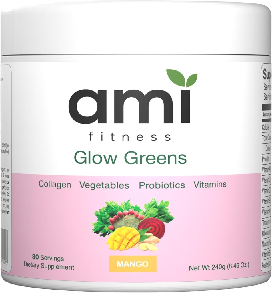 Glow Greens Powder, Collagen with Probiootit, Vitamiinit, Dgestive Enzymes, Superfoods, Gut Health, Bloating Relief, Radiant Skin, Natural Glow, Spirulina, Juice Mix, 30 SVG, Mango