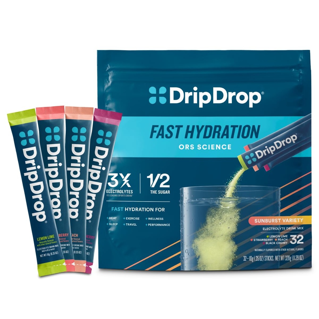 DripDrop Hydration Packets - Sunburst Variety Pack - Single Serve Electrolytes Powder Drink Mix - sitruunan lime, mansikka, persikka, musta kirsikka - ei-GMO, Gluteeniton, Vegan - 32 Sticks
