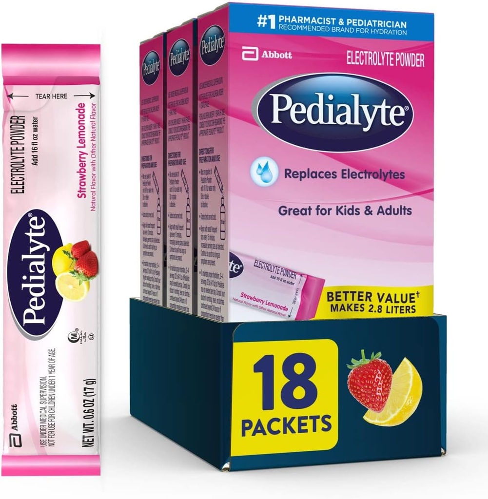 Pedialyte Electrolyte Powder Packets, Mansikka sitruunamehu, Hydration Drink, 18 Single-serving Powder Packets