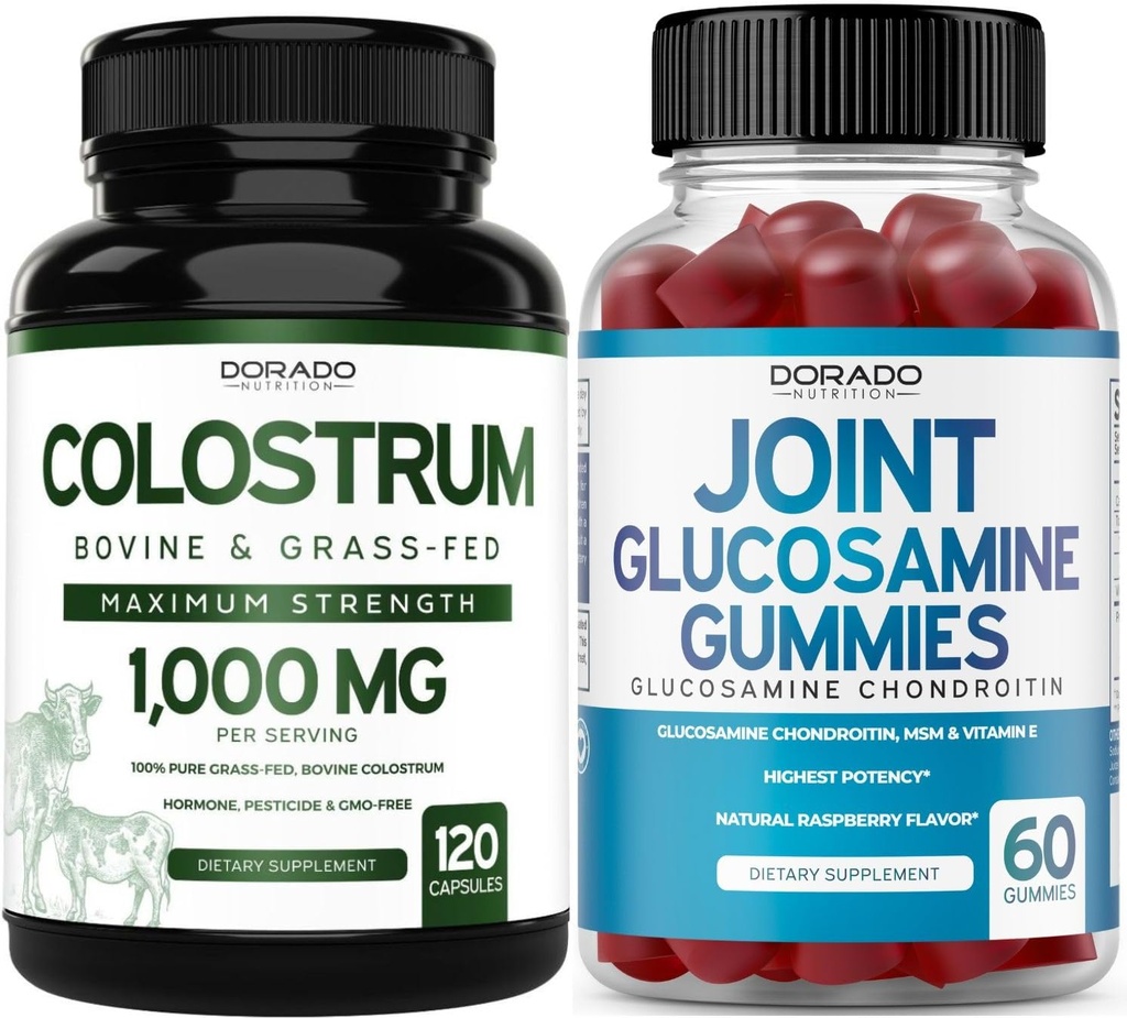Colostrum (120 greve) Bovine Colostrum Capsules for Adults and Glucosamine Chondroitin (60 Gummies) Joint Supplements for Men & Women with Delicious Raspberry Flavor - Vegan Safe & Made in USA