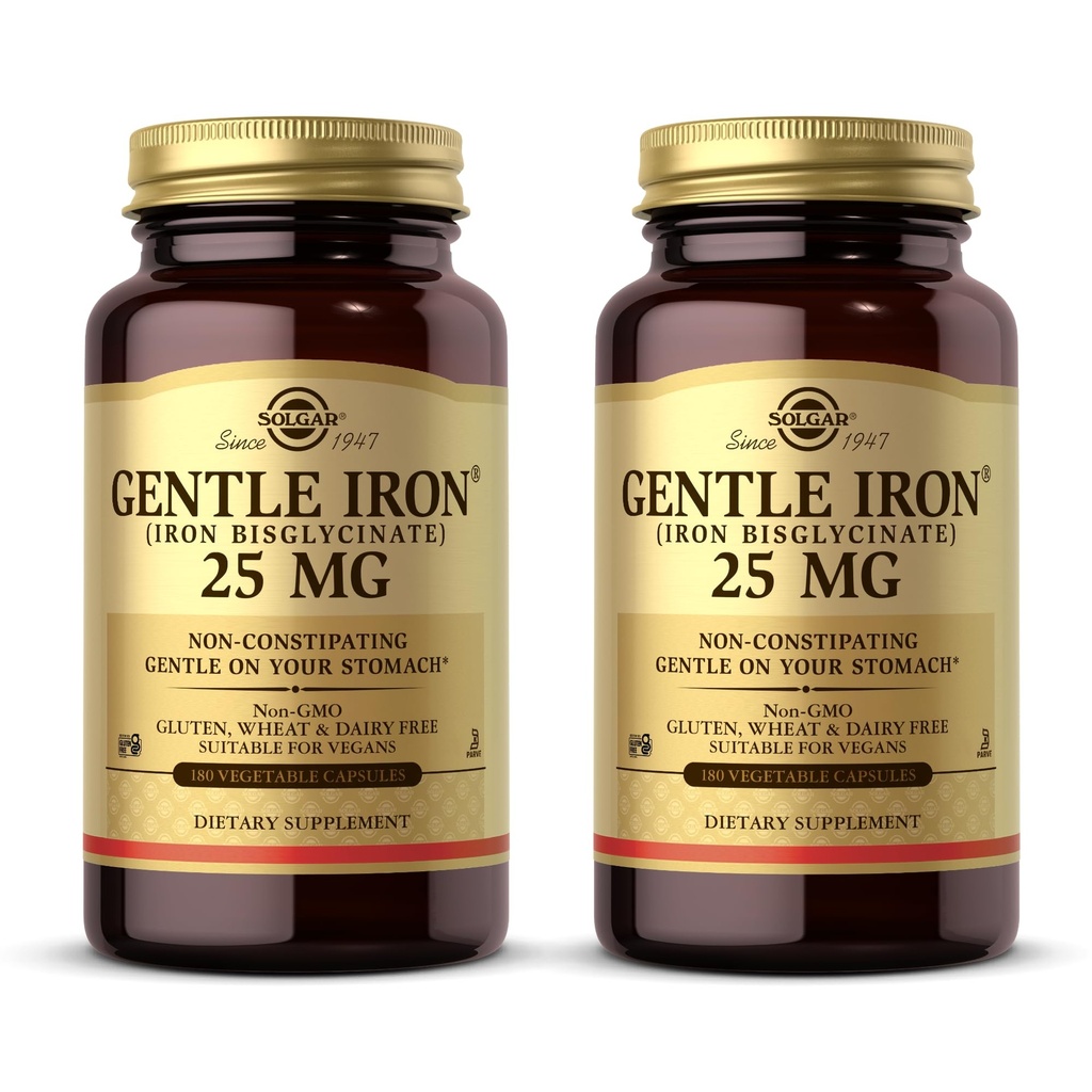 Solgar Lievä rauta (Iron Bisglysinaatti) 25 mg - 180 Vihanneskapselia, 2 kapselin pakkaus - Kosteuttamaton, Hellävarainen vatsallasi - Ei GMO:ita, gluteeniton - 360 tarjoilua yhteensä