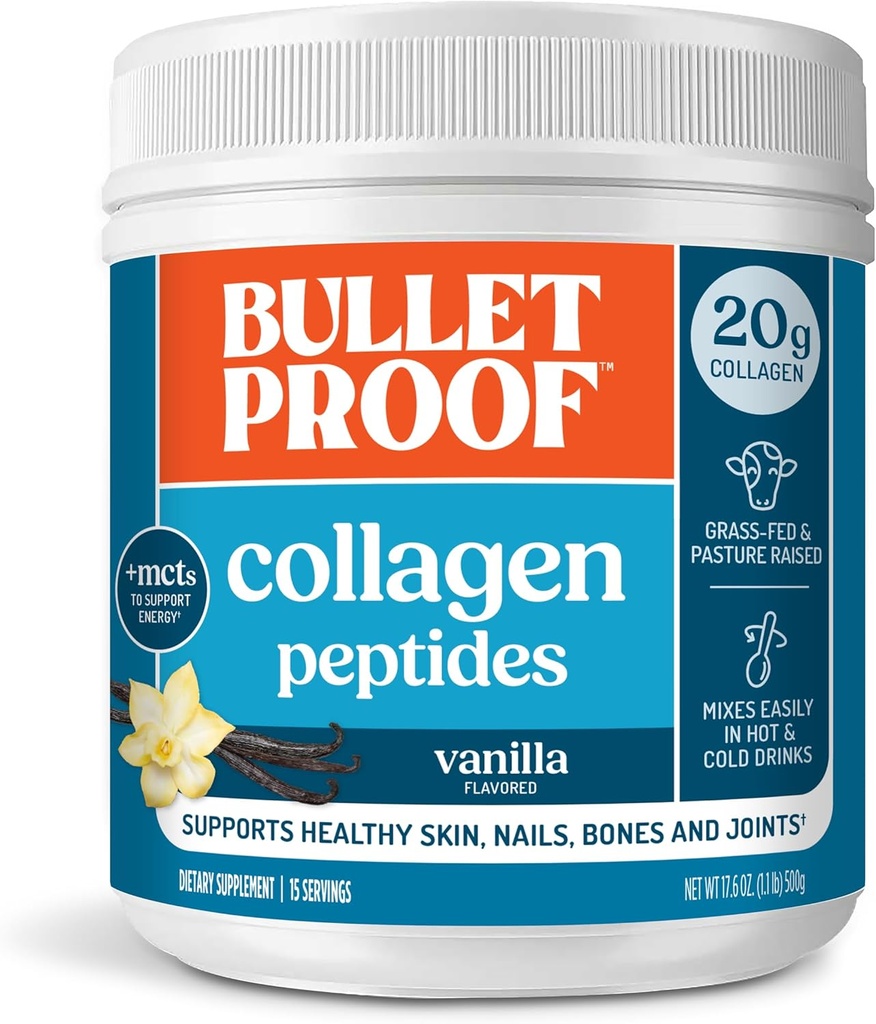 Luodinkestävä Vanilla Collagen Peptides Powder with MCT Oil, 14.3 Ounces, Grass-Fed Collagen Protein for Skin, Bone and Joint Support, Pasture Raised, Ei lisätty hormoneja, Pakkaus Toukokuu Vary