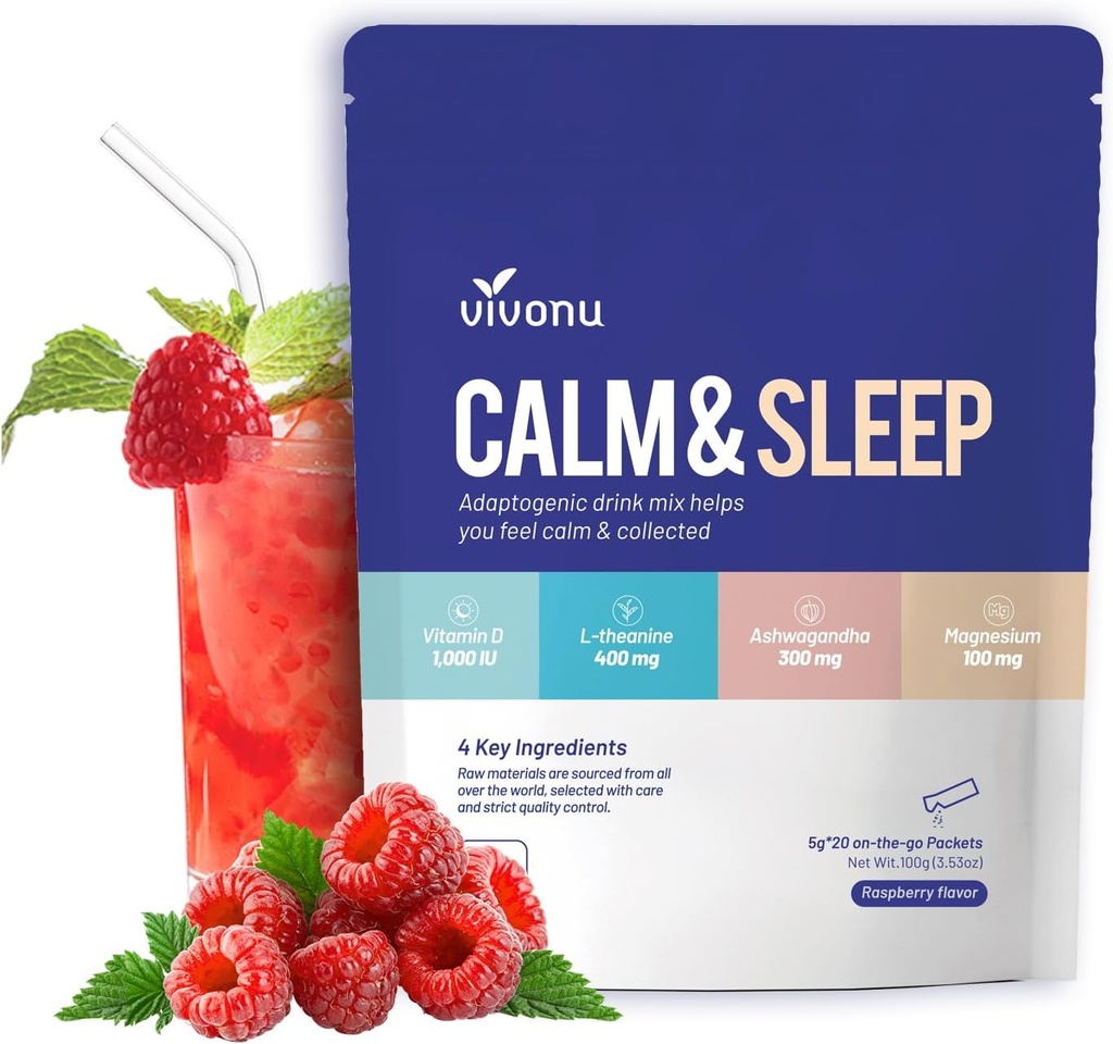 VivoNu Rauhallinen ja unijauheellinen juoma Mix Vadelma L Theanine Ksm-66 Ashwagandha Magnesium Glycinate D-vitamiini 3 lisäravinteet rentoutumista & Focus (VSC M2)