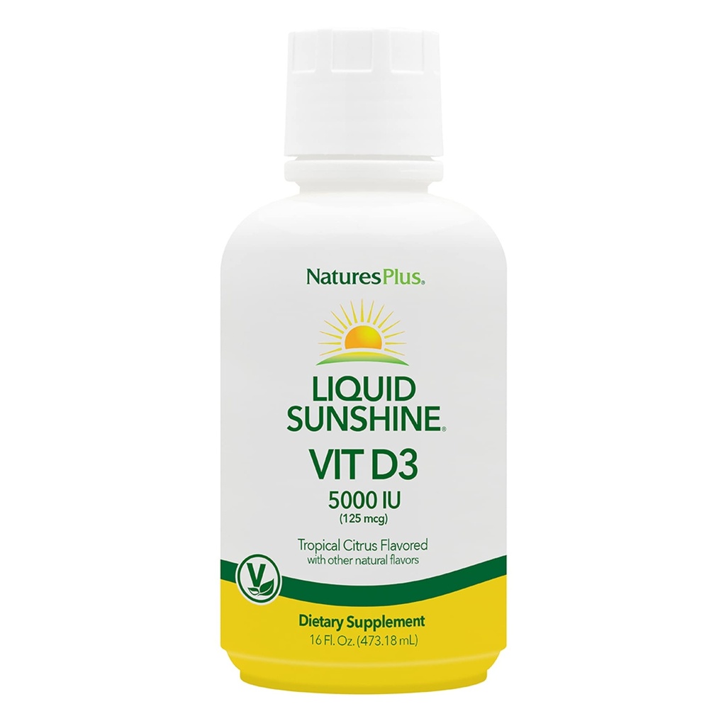 Natures Plus Liquid Sunshine Vitamin D3-5000 IE, 16 fl oz - Delicious Tropical Citrus Flavor - Bone Health, Heart Health & Immune System Support Supplement - Gluten Free - 32 portioner