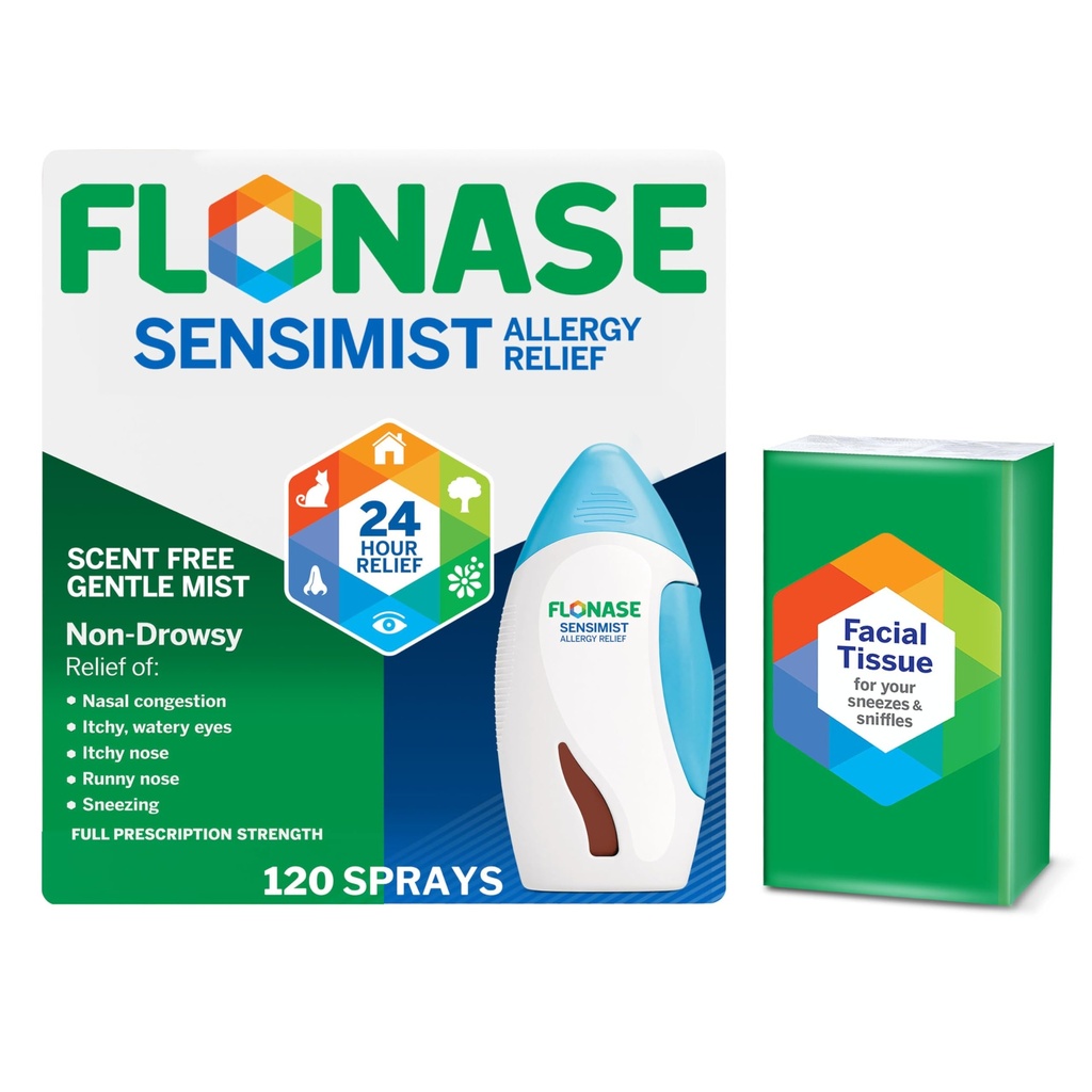 Flonase Sensimist Allergy Relief Nenän sumutus - Ei-Drowsy 24HR Pitkäikäinen Allergia Relief with Fine, Scent-free Mist - 120 Sprays Plus Bonus Pack of Kudos