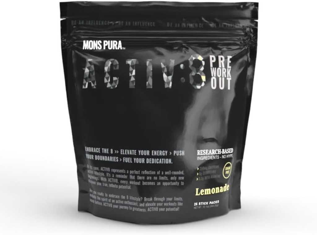 Activ8 Pre-Workout Lemonade Pouch: Käynnistä harjoitukset tutkimus-perusaineet - 250mg kofeiini, sokeriton 25 Stick Pack