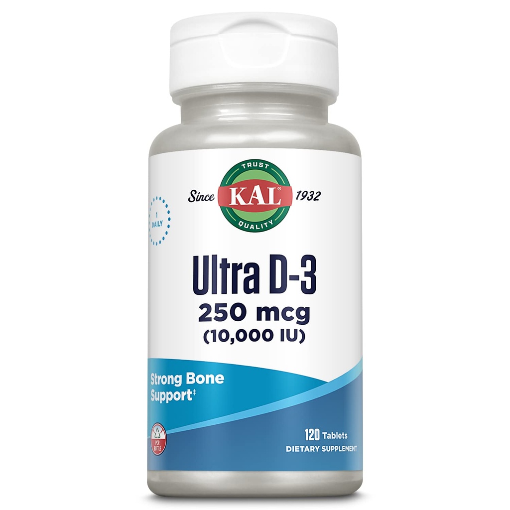 KAL Ultra Vitamin D3 10000 IE 250 mcg, High Potency Vitamin D tabletter, Calcium Absorption, Bone Health och Immune Support Supplement, Rapid Disintegration D-3 ActivTabs, 120 portioner, 120 tabletter